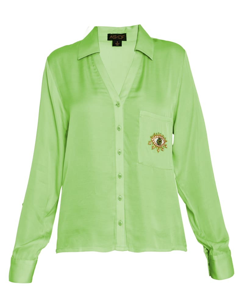 Front of a size XL Evil Eye Blouse in Paradise Green by AS by DF. | dia_product_style_image_id:361083